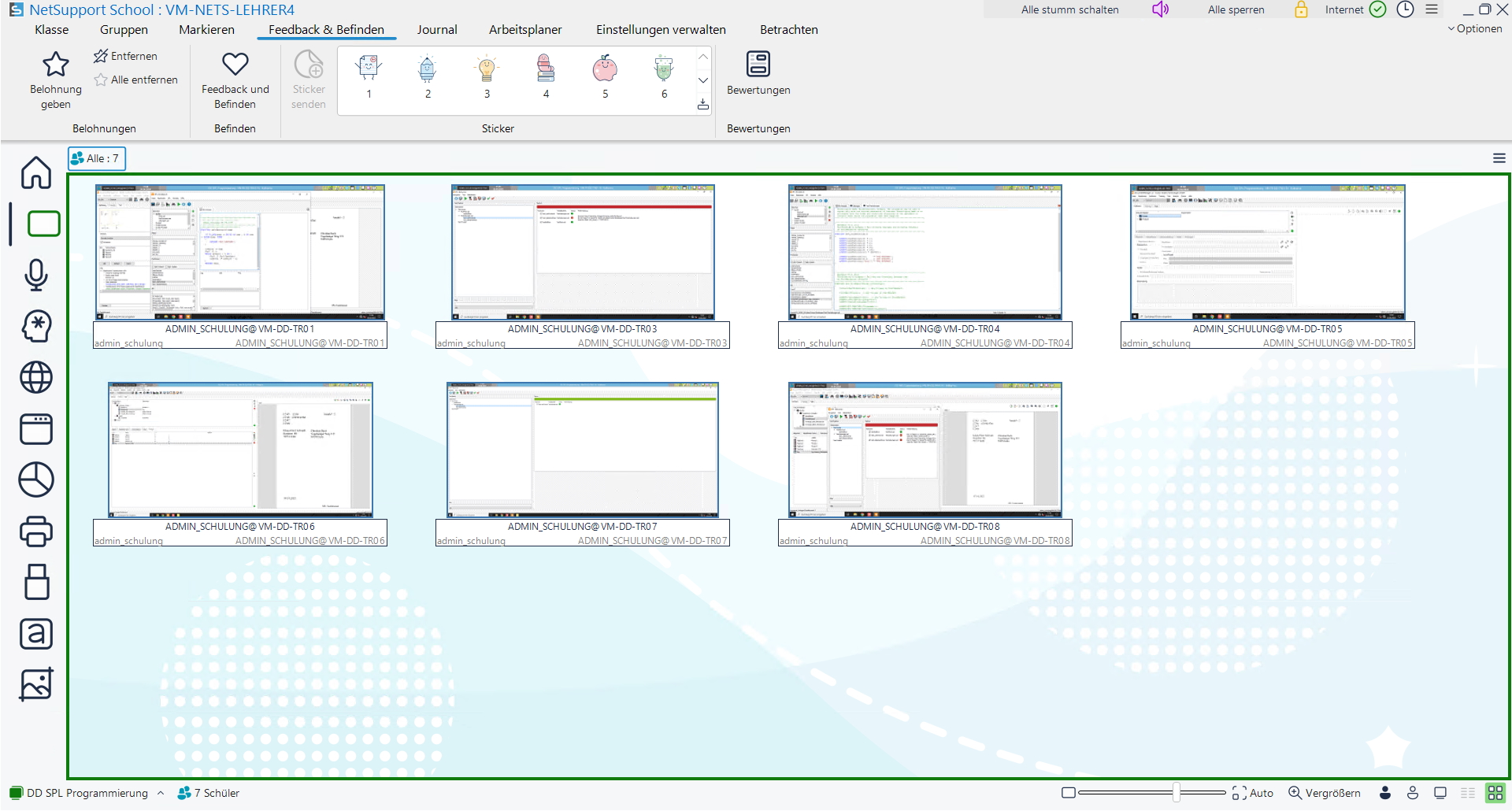 Screenshot der verwendeten Classroom-Software mit Übersicht über die Teilnehmenden-VMs